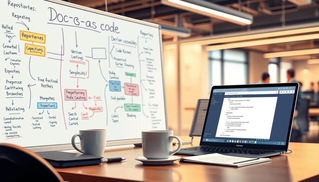 A detailed illustration showcasing a "Doc-as-Code" workflow in a high-tech environment. In the foreground, a large whiteboard filled with colorful diagrams, visually representing repositories, code reviews, version control branches, and a search functionality flowchart. The middle features a sleek laptop showing a Git interface with highlighted code changes, alongside a coffee cup and technical notes. In the background, a blurred view of a modern office space, emphasizing collaboration among engineers. Soft, warm lighting illuminates the scene, creating a professional yet approachable atmosphere. The perspective is slightly angled, as if the viewer is seated at the desk, immersed in the technical writing process.