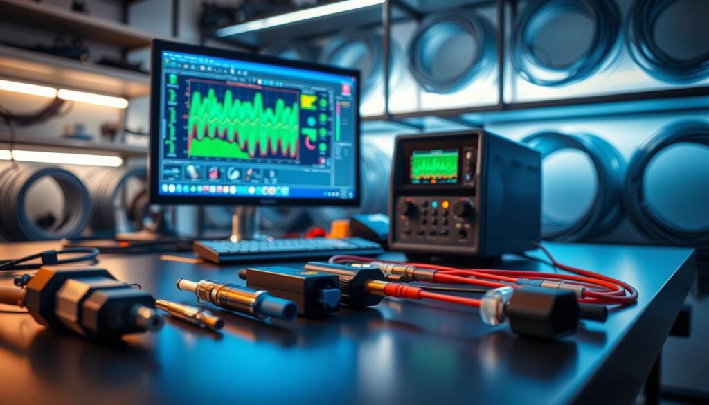 A detailed workspace showcasing fiber optics simulation and connector practice. In the foreground, display a close-up of various fiber optic connectors and tools such as a fusion splicer and OTDR (Optical Time-Domain Reflectometer) on a sleek, modern workbench. In the middle, depict a computer monitor displaying intricate fiber optics simulation software with colorful graphs and measurements, illuminated by a soft blue light. The background includes neatly organized fiber optic cables coiled on shelves, with a subtle glow reflecting off them, enhancing the technical atmosphere. The overall mood is professional and focused, with warm and cool lighting to create a balanced yet engaging environment, captured from a slight angle to emphasize depth.