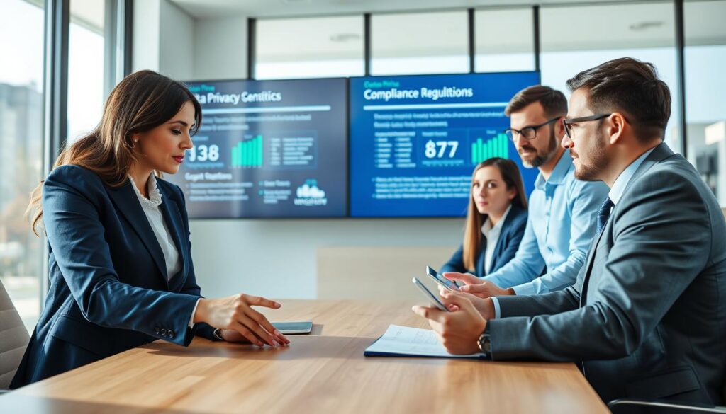 A diverse group of professionals engaged in a collaborative meeting around a modern conference table, surrounded by digital screens displaying data privacy metrics and compliance regulations. In the foreground, a focused woman in a business suit points at a screen, while a man beside her takes notes on a tablet. In the middle background, two other team members, one with glasses and the other with a serious expression, discuss a document, highlighting teamwork. Bright, natural light floods the room from large windows, creating an uplifting atmosphere. The color palette features cool blues and greens, signifying trust and security, while sleek, modern decor enhances the professional setting. The angle captures the energy of collaboration, emphasizing partnership and proactive discussion without slowing down the project delivery. A diverse group of professionals engaged in a collaborative meeting around a modern conference table, surrounded by digital screens displaying data privacy metrics and compliance regulations. In the foreground, a focused woman in a business suit points at a screen, while a man beside her takes notes on a tablet. In the middle background, two other team members, one with glasses and the other with a serious expression, discuss a document, highlighting teamwork. Bright, natural light floods the room from large windows, creating an uplifting atmosphere. The color palette features cool blues and greens, signifying trust and security, while sleek, modern decor enhances the professional setting. The angle captures the energy of collaboration, emphasizing partnership and proactive discussion without slowing down the project delivery.