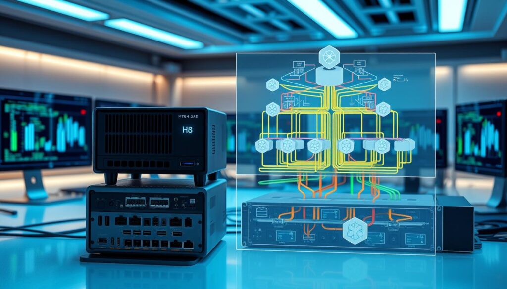 A high-tech telecom lab core stack hardware and software diagram, featuring a mini-PC/NUC at the forefront, connected to a hypervisor interface. In the mid-ground, depict a network of nested Kubernetes (K8s) clusters, showcasing intricate connections between virtual machines. Layer in a detailed storage and network plan, with vibrant cables and schematic representations of data flows. The background should feature a modern, softly lit workspace with multiple monitors displaying dynamic system metrics, projecting a sense of innovation and technical prowess. Use a subtle blue and green color palette to evoke a futuristic atmosphere, viewed from a slightly angled perspective to provide depth and clarity to the components, maintaining a professional and informative vibe.