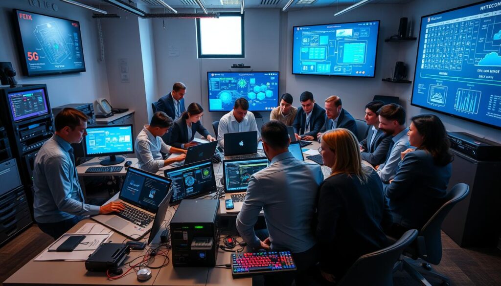 A modern telecom practice lab setting, focusing on hands-on learning and technology mastery. In the foreground, a diverse group of professionals in business attire collaborates around a sleek workstation, filled with laptops, technical manuals, and advanced telecom equipment. The middle of the scene showcases various vendor sandboxes and emulators, with colorful LED displays illuminating the room. Cloud credits and home gear are strategically placed, visually demonstrating the integration of 5G, Cloud, and Fiber technology. In the background, large screens display network diagrams and data flow visuals under bright, natural lighting that creates an inspiring atmosphere. Capture the space from a dynamic angle, highlighting the engagement and teamwork essential for studying telecom certifications. A modern telecom practice lab setting, focusing on hands-on learning and technology mastery. In the foreground, a diverse group of professionals in business attire collaborates around a sleek workstation, filled with laptops, technical manuals, and advanced telecom equipment. The middle of the scene showcases various vendor sandboxes and emulators, with colorful LED displays illuminating the room. Cloud credits and home gear are strategically placed, visually demonstrating the integration of 5G, Cloud, and Fiber technology. In the background, large screens display network diagrams and data flow visuals under bright, natural lighting that creates an inspiring atmosphere. Capture the space from a dynamic angle, highlighting the engagement and teamwork essential for studying telecom certifications.