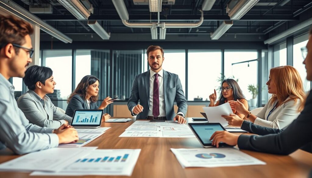 A professional telecom product owner, dressed in smart business attire, stands at a boardroom table surrounded by stakeholders from sales, operations, security, and partnerships. The foreground features detailed documents and digital devices displaying graphs and project timelines. In the middle, the product owner engages with a diverse group, illustrating a collaborative atmosphere. Stakeholders of various ethnicities and genders express ideas and feedback, emphasizing teamwork. The background showcases a modern office with large windows, allowing natural light to flood the space, creating a bright and optimistic mood. Use a wide-angle lens to capture the dynamic environment, conveying a sense of progress and innovation in the telecom industry. The overall tone is professional and energetic, perfect for illustrating stakeholder collaboration in product development.