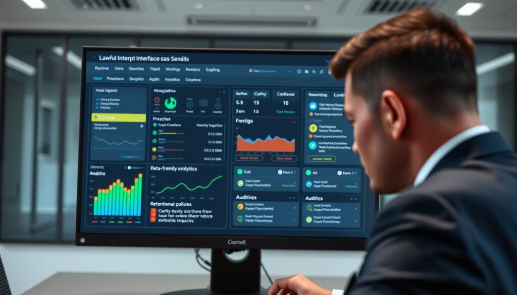 A sleek, modern lawful intercept interface standard design displayed on a high-resolution computer screen. In the foreground, show a professional in business attire, intently focusing on the interface, which features vivid graphs, data logging panels, and user-friendly analytics. In the middle, add visual elements like flowing data streams and highlighted sections demonstrating retention policies and auditing processes. The background consists of a contemporary office environment with muted lighting, reflecting a serious yet innovative atmosphere. Use a shallow depth of field to keep the subject and interface sharp while gently blurring the office setting. Soft, indirect lighting highlights the screen, creating an engaging yet professional mood that underscores the regulatory implications of telecommunications. A sleek, modern lawful intercept interface standard design displayed on a high-resolution computer screen. In the foreground, show a professional in business attire, intently focusing on the interface, which features vivid graphs, data logging panels, and user-friendly analytics. In the middle, add visual elements like flowing data streams and highlighted sections demonstrating retention policies and auditing processes. The background consists of a contemporary office environment with muted lighting, reflecting a serious yet innovative atmosphere. Use a shallow depth of field to keep the subject and interface sharp while gently blurring the office setting. Soft, indirect lighting highlights the screen, creating an engaging yet professional mood that underscores the regulatory implications of telecommunications.