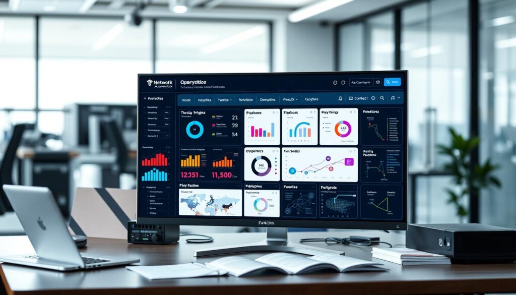 A sleek, modern network automation portfolio dashboard displayed on a high-resolution monitor. The foreground features interactive visualizations with colorful graphs, pie charts, and network topology maps, showcasing playbooks and health dashboards in a cohesive layout. The middle ground includes a desk with a laptop, network equipment, and API documentation, emphasizing a professional work environment. The background displays a blurred office setting with subtle lighting, suggesting a focus on productivity and technology. The atmosphere is dynamic and innovative, reflecting a sense of advancement in network automation skills. The image should have a clean, polished look with natural lighting to evoke a sense of professionalism and modernity.