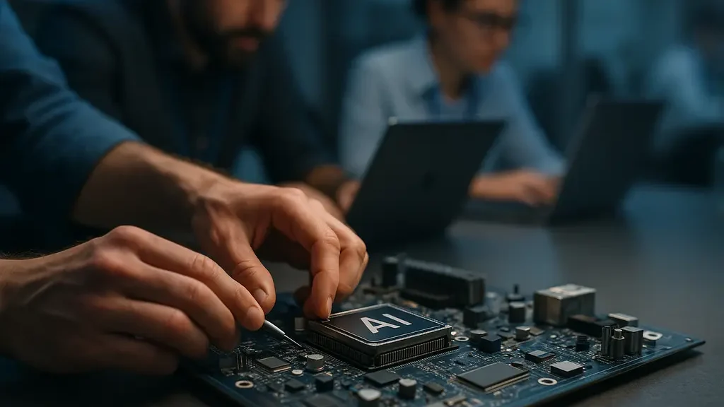 AI Chip Technology hardware modules in a data center planning room