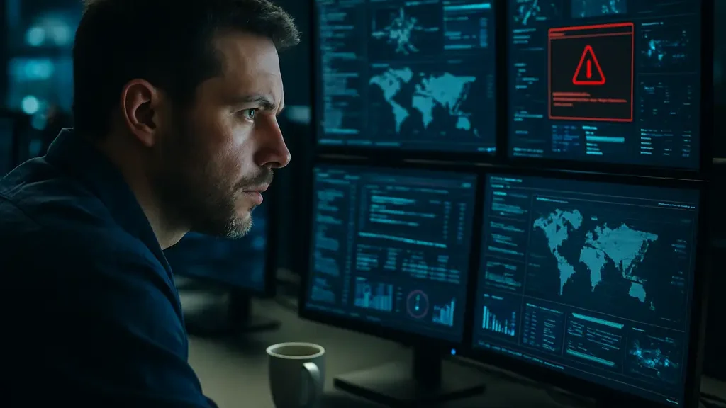 AI Cybersecurity Clearinghouse dashboard reviewed by security analysts in a network operations room