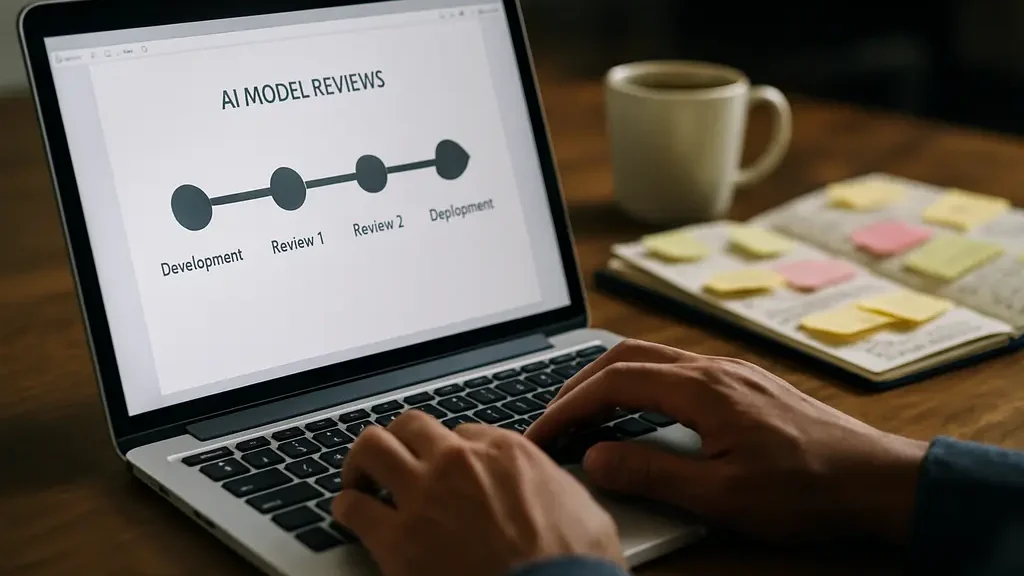 Developer team reviewing an AI model review release plan on shared screens