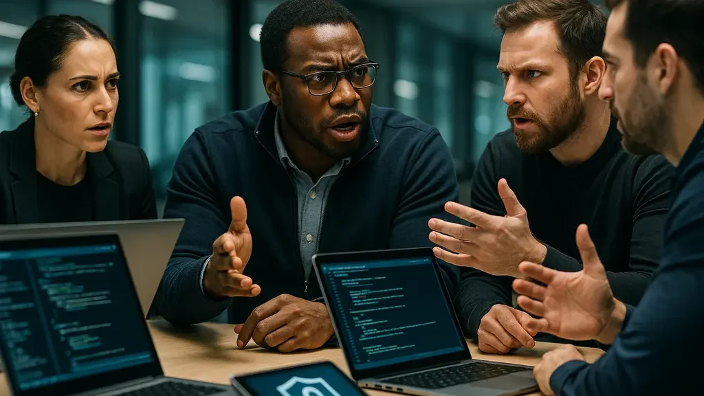 AI Security Guidelines review with governance documents and network monitoring screens