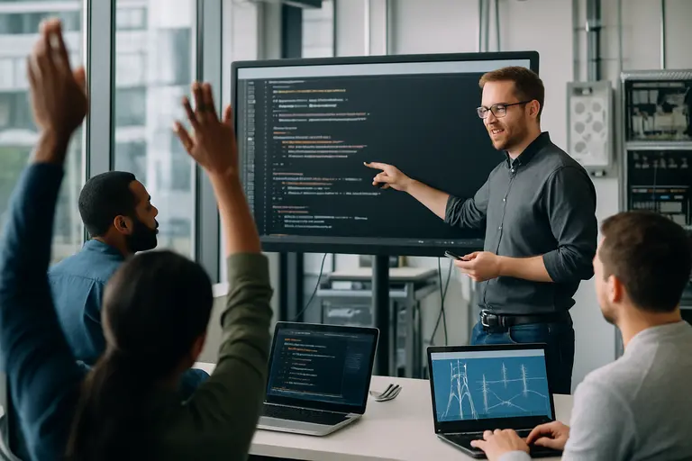 Engineers and operations staff discuss AI infrastructure skills in a workshop