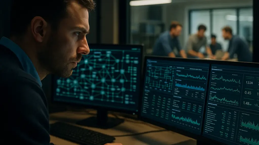 Enterprise AI adoption planning session with network diagrams and server racks