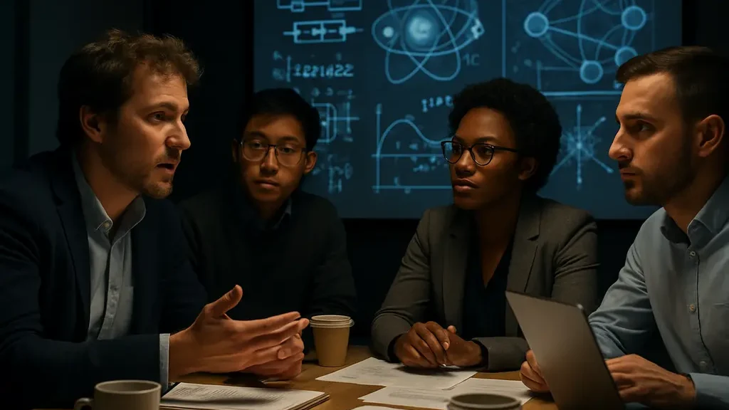 Engineer reviewing IEEE Quantum Standard notes beside a quantum system diagram