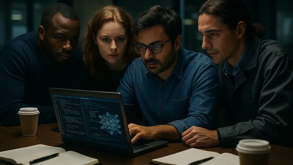 Engineers reviewing network charts for AT&T Open AI Model analysis