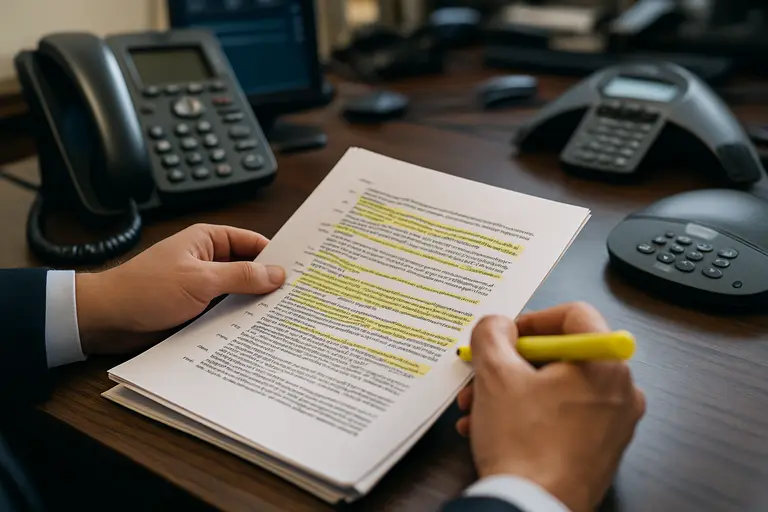 Telecom professional reviewing network policy documents at a desk