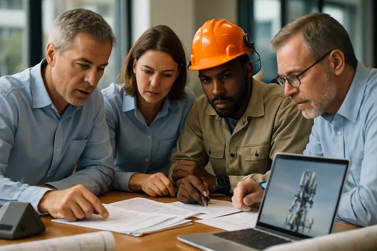 Telecom professionals in a meeting reviewing network compliance documents