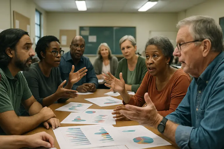 Residents and technical staff reviewing infrastructure documents in a public meeting room
