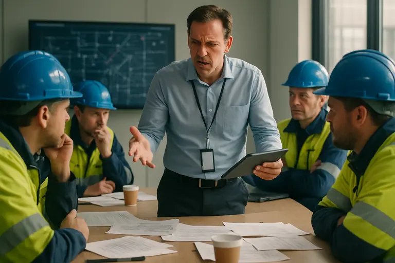 Grid and IT staff discussing monitoring procedures at a conference table