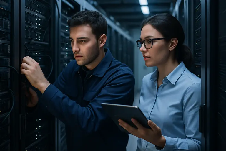 Data center operations team reviewing cooling and power diagrams on a shared screen