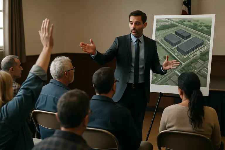 Community meeting room with infrastructure maps and environmental documents on a table