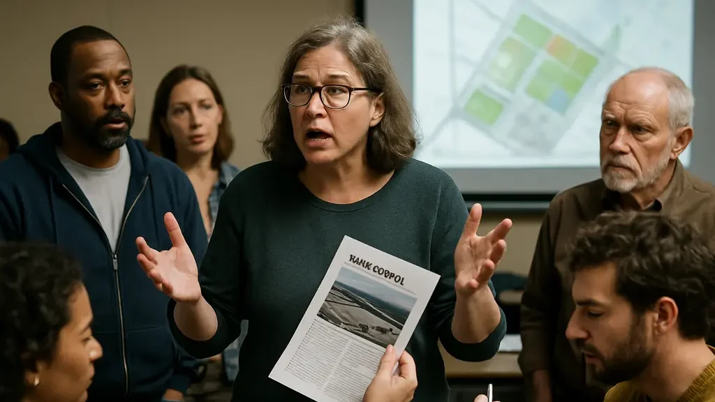 Data Center Opposition meeting with residents reviewing infrastructure maps