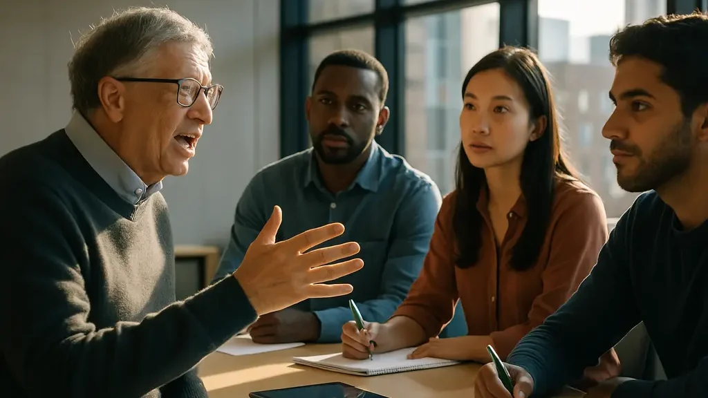 Bill Gates AI safety discussion with professionals reviewing policy notes