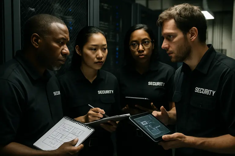 Cross-functional team reviewing infrastructure plans around a conference table