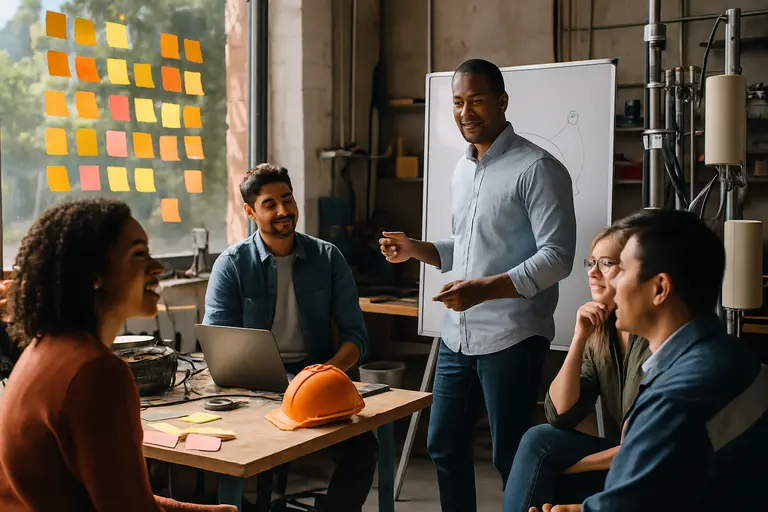 Technical team discussing AI governance workflows in a meeting room