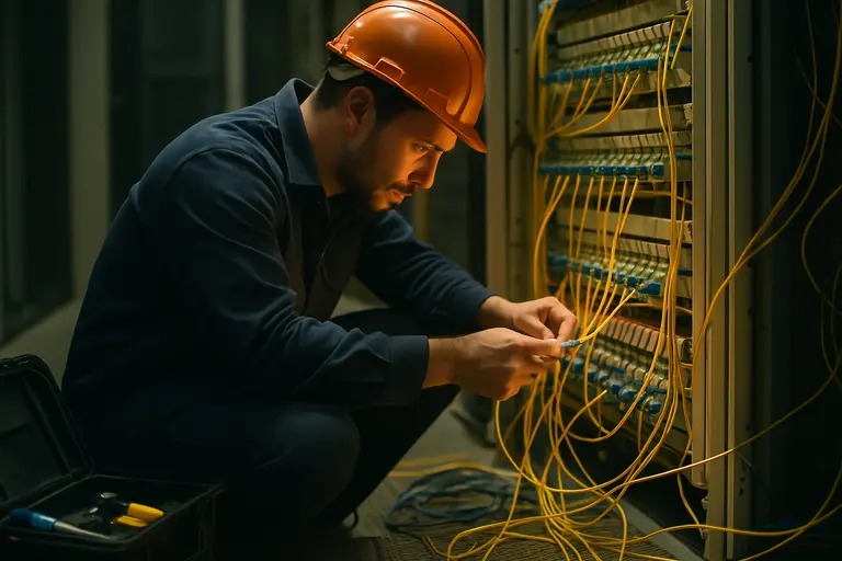 Telecom engineers and utility staff coordinating fiber and power routes on maps