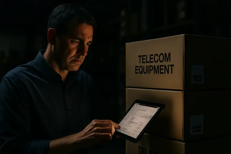 Telecom equipment racks and boxed hardware prepared for deployment