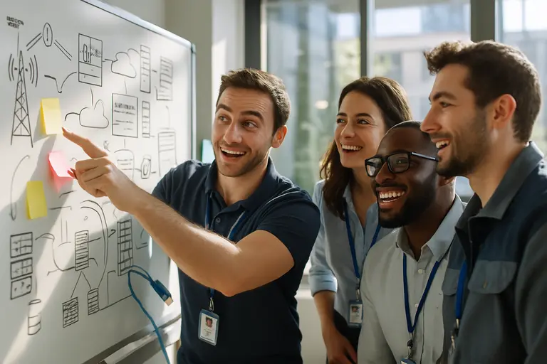 Telecom security team discussing AI risk controls in a meeting room
